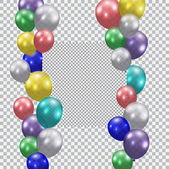 Festive balloons. Realistic, semi-transparent, colorful. Place for ads or commercials. Checkered background. illustration