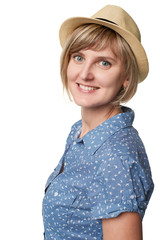 Portrait of smiling woman wearing summer straw fedora hat, isolated on white background