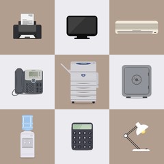 Set of nine icons of office elements. There is a printer, a monitor, a conditioner, a phone, a copy machine, a safe, a water cooler, a calculator, a lamp in the picture. Flat vector design