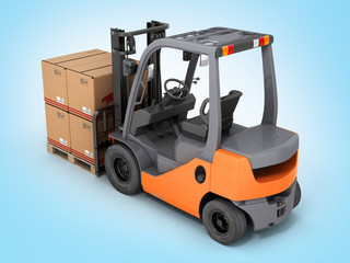Forklift truck with boxes on pallet on blue gradient background 3d
