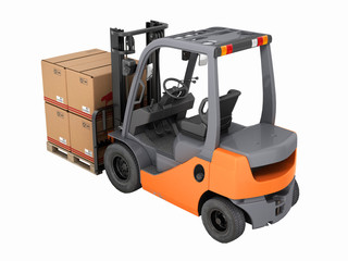 Forklift truck with boxes on pallet without shadow on whote background 3d