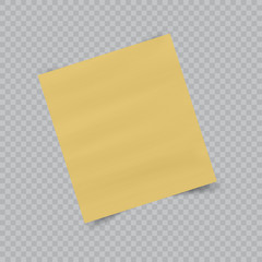 Paper sheet on translucent sticky tape with transparent shadow isolated on checkered background. Empty yellow note template for your design. Vector illustration.