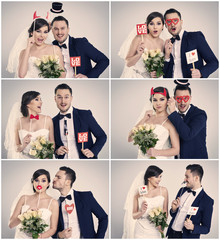 Bride and bridegroom making funny faces in photo booth - obrazy, fototapety, plakaty