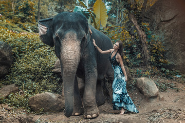 Pretty young lady cuddling an elephant