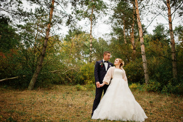 Wedding couple in love at autumn pine wood.