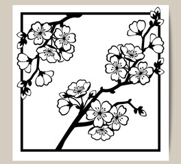 Greeting card with a branch of cherry blossoms. Vector illustration.