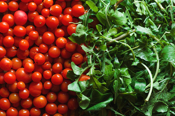 A lot of red fresh cherry tomatoes and arugula leaves close up.