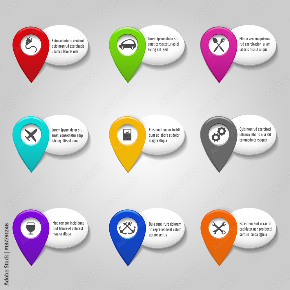 Poster vector map service pointer set with plane and car, petrol station repair signs
