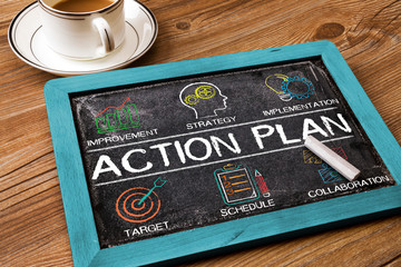 Action Plan chart with keywords and elements on small blackboard