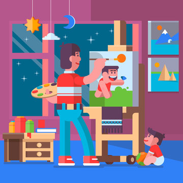 Father painting pictures with their children.Vector Illustration