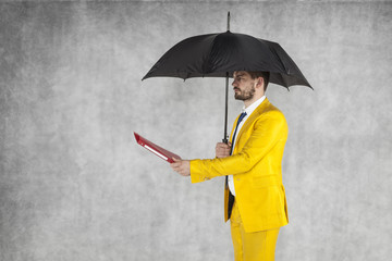 businessman under the umbrella gives briefcase