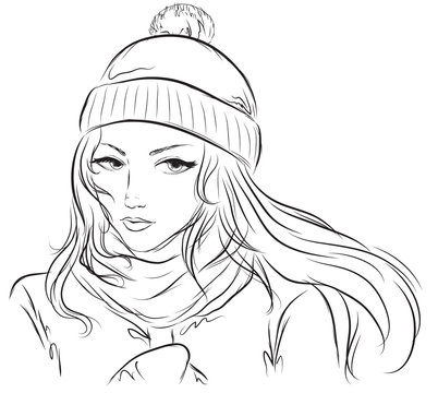 Sketch of a young girl in a cap and scarf