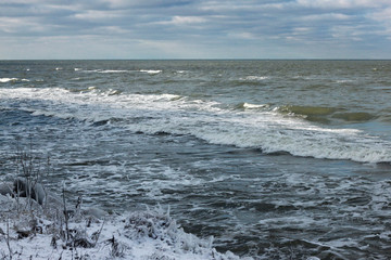 View of the Baltic Sea in the winter during a strong wind.