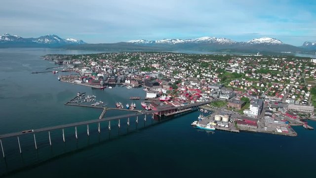 Bridge of city Tromso, Norway Aerial footage