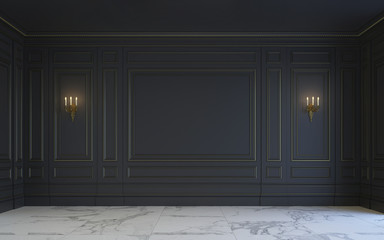 A classic interior is in dark tones. 3d rendering.