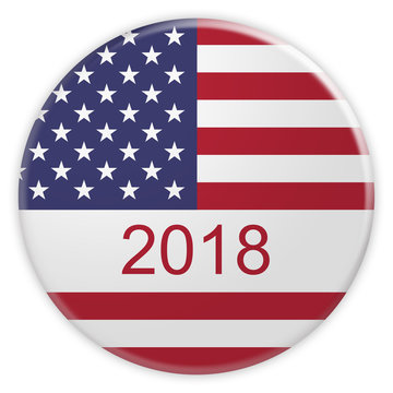 USA Concept Badge: 2018 Button With US Flag, 3d illustration on white background