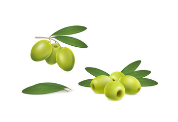 Set of green olives on white background