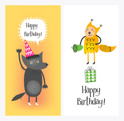 Greeting Cards - Happy Birthday. Wolf cute, funny squirrel with acorns