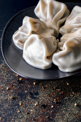 Dumplings Khinkali, manti, pozi, buuzi, poses, xiaolongbao with big meat steamed. Balkan, Caucasian, Asian cuisine.