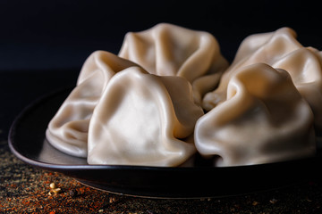 Dumplings Khinkali, manti, pozi, buuzi, poses, xiaolongbao with big meat steamed. Balkan, Caucasian, Asian cuisine.