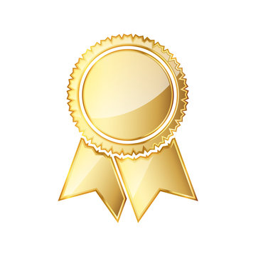 Golden medal icon with ribbon. Vector illustration.