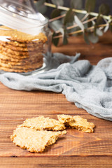 Oatmeal cookies with maple syrup, bank, vertical, selective focus
