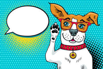 Funny surprised pop art dog in glasses with big blue eyes hearing with his paw near ear and looking at the speech bubble. Vector bright illustration in retro comic style. Invitation poster.