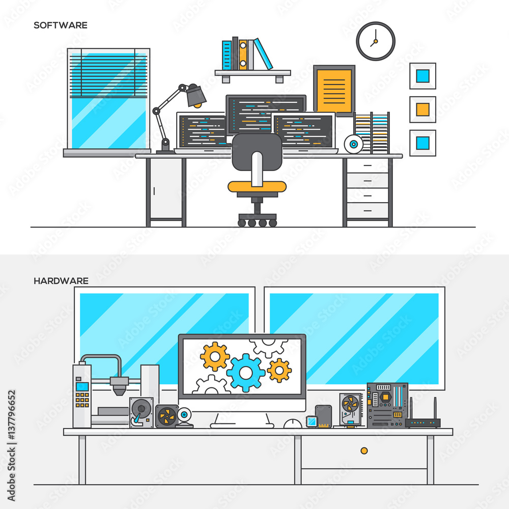 Poster flat line color concept- software and hardware