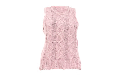Pink wool woman vest isolated on white background.Winter sleeveless woven blouse cut out on white.