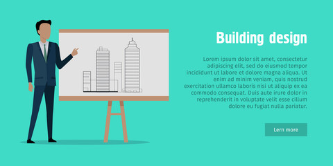 Fototapeta premium Building design. Man in Black Suit near Stand.