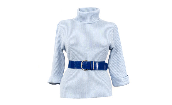 Blue and silver turtle neck blouse with a matching belt isolated on white background. Winter blue sparkly woman sweater blouse cut out on white.