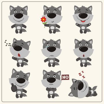 Funny little wolf set in different poses. Collection isolated wolf in cartoon style.