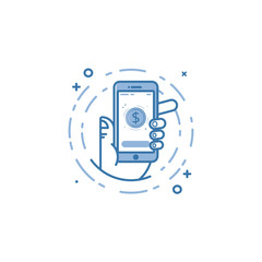 Vector business illustration of blue colors hand and mobile phone icon in line style.