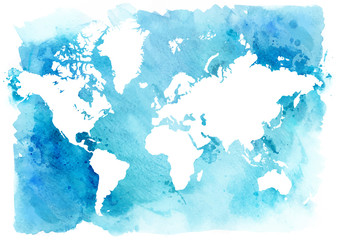Fototapety  Vintage map of the world on a blue background. Watercolor illustration.