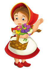 cartoon little girl with lunch basket and flowers waving hand greeting illustration for children
