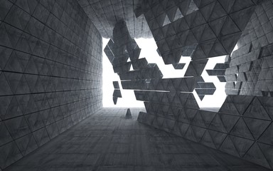 Empty dark abstract concrete room interior.  Architectural background consisting of a triangular prism. Night view of the illuminated. 3D illustration. 3D rendering