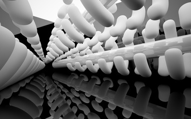 Abstract black interior with glossy white sculpture. 3D illustration and 3D rendering