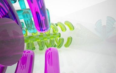 abstract architectural interior with colored smooth glass sculpture . 3D illustration and rendering