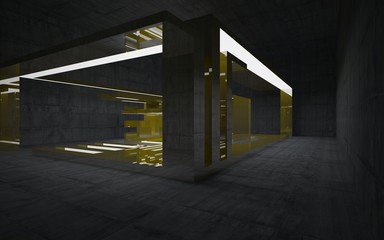 Empty abstract concrete room interior with gold sculpture. 3D illustration. 3D rendering