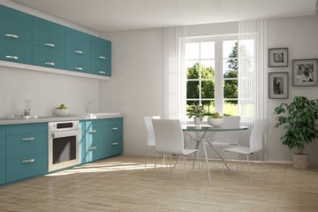 White kitchen with green landscape in window. Scandinavian interior design