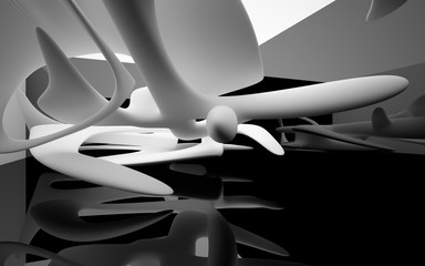 Abstract black  interior with glossy white sculpture. 3D illustration and 3D rendering