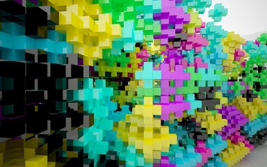 Abstract interior of colored glossy blocks. 3D illustration. 3D rendering