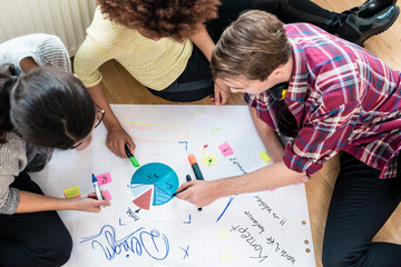 Three people writing observations during brainstorming session