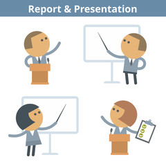 Business cartoon avatar set: report and presentation. Vector flat office, seminar, conference and lecture people userpic and icons. Collection for web design, social networks and infographics.