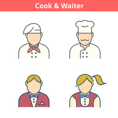 Occupations colorful avatar set: cook, chef, waiter, baker. Flat line professions userpic collection. Vector color thin outline icons for profiles, web design, social networks and infographics.