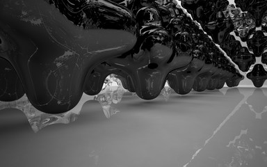 Abstract glossy black and glass sculpture. 3D illustration. 3D rendering.