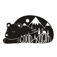 Vector illustration wild sleeping bear, mountains with snow, moon, camping tent and pine trees