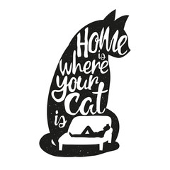 Vector illustration with cat silhouette, sofa and man.