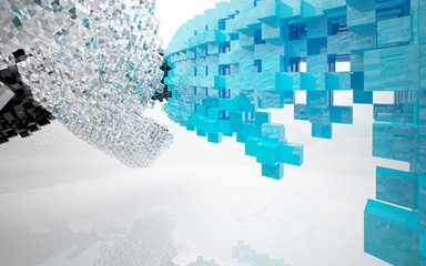 abstract architectural interior with black and blue geometric sculpture. 3D illustration. 3D rendering
