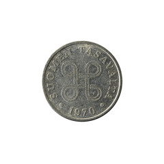 1 finnish penni coin (1970) reverse isolated on white background